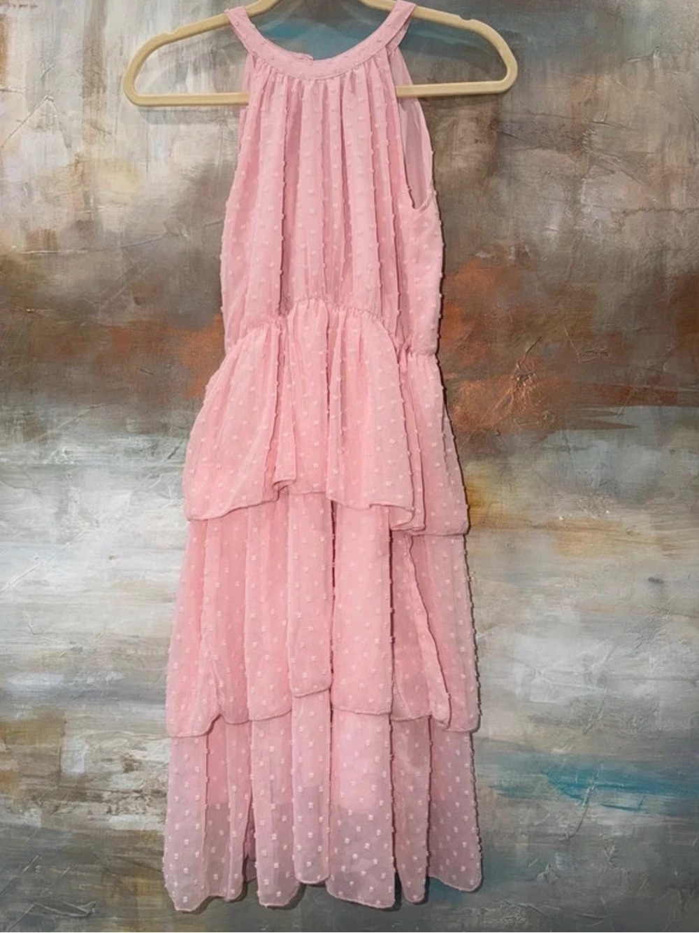 Girls Size 13 Pink Swiss Dot Tiered Maxi Dress